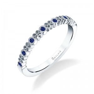 14K WHITE GOLD .09CTTW ROUND DIAMOND AND SAPPHIRE BAND SIZE 5.25