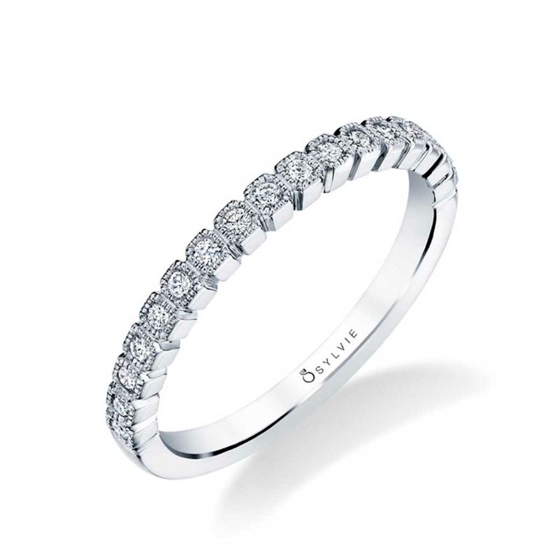 14K WHITE GOLD BAND WITH .15CTTW ROUND SI CLARITY & GH COLOR DIAMONDS SET IN MILIGRAIN BEADING FINGER SIZE 8