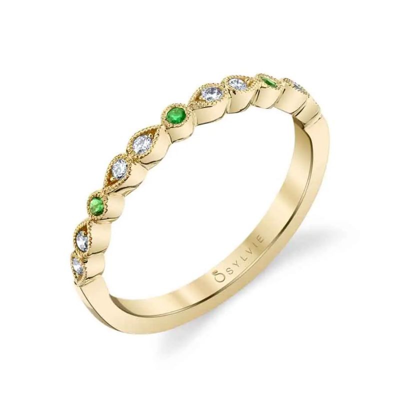 Diamond and Green Emerald Wedding Band - Elena