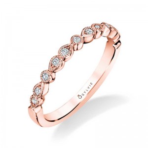 14K ROSE GOLD SCALLOPED MILGRAIN BAND WITH .15CTTW ROUND SI CLARITY & GH COLOR DIAMONDS AND EMERALDS