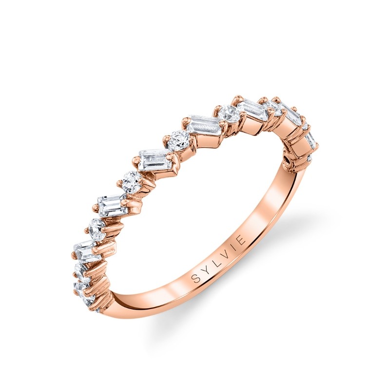 Baguette and Round Slanted Diamond Wedding Band