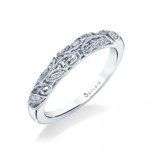 14K WHITE GOLD FLORAL DESIGN BAND WITH .07CTTW ROUND SI CLARITY & GH COLOR DIAMONDS FINGER SIZE 8.5