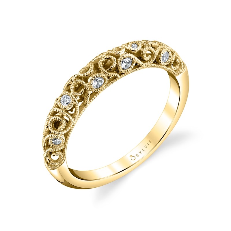 Round Cut Modern Vintage Wedding Band with Milgrain Detail - Jacqueline