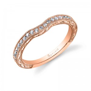 14K ROSE GOLD CURVED MILGRAIN BAND WITH .17TWT ROUND SI CLARITY * GH COLOR DIAMONDS SET 1/2 WAY DOWN THE BAND