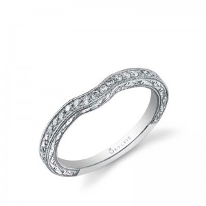 18K WHITE GOLD CURVED BAND WITH .19TWT SI CLARITY & GH COLOR DIAMONDS SET DWON THE ENGRAVED BAND