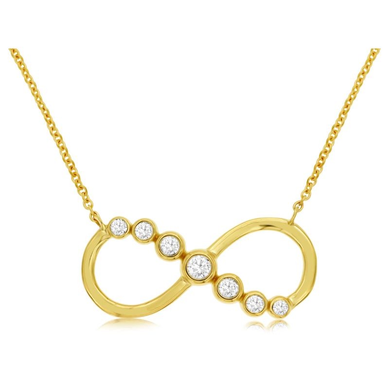 14K YELLOW GOLD INFINITY PENDANT WITH .22CTTW ROUND BEZEL SET DIAMONDS ON AN 18