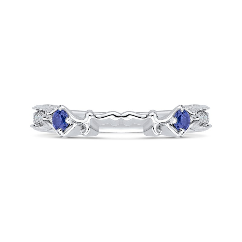 Round Diamond Wedding Band with Sapphire in 14K White Gold