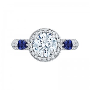 Round Diamond Halo Engagement Ring with Sapphire in 14K White Gold (Semi-Mount)