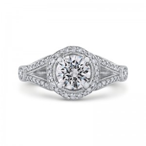 Split Shank Round Diamond Floral Halo Engagement Ring in 14K White Gold (Semi-Mount)