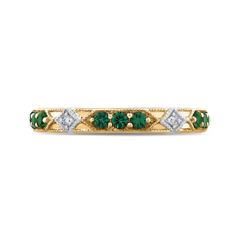 Round Diamond and Green Tsavorite Wedding Band in 14K Two Tone Gold