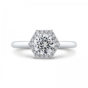 Round Diamond Hexagon Shape Halo Engagement Ring in 14K White Gold (Semi-Mount)