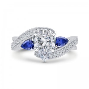 Pear Cut Diamond Engagement Ring with Sapphire in 14K White Gold (Semi-Mount)