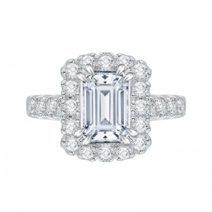 Emerald Cut Diamond Halo Engagement Ring with Band in 14K White Gold (Semi-Mount)