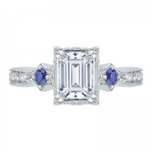Emerald Cut Diamond Engagement Ring with Sapphire in 14K White Gold (Semi-Mount)