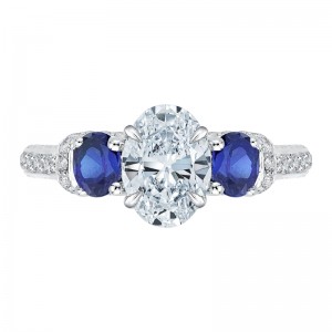 Oval Shape Diamond and Sapphire Three-Stone Engagement Ring in 14K White Gold (Semi-Mount)