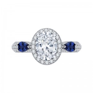 Oval Cut Diamond Halo Engagement Ring with Sapphire in 14K White Gold (Semi-Mount)