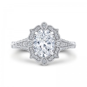 Oval Cut Diamond Halo Vintage Engagement Ring in 14K White Gold (Semi-Mount)