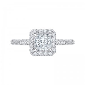 Princess Cut Diamond Halo Engagement Ring with Band in 14K White Gold (Semi-Mount)