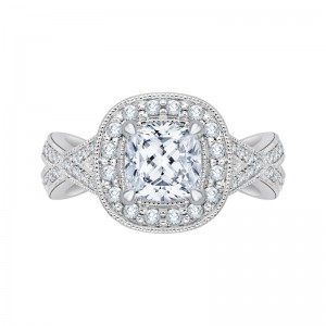 Split Shank Cushion Cut Diamond Halo Engagement Ring in 14K White Gold (Semi-Mount)