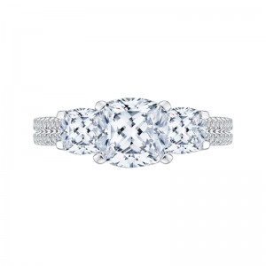 Cushion Cut Diamond with Sapphire Three-Stone Cathedral Style Engagement Ring in 14K White Gold (Semi-Mount)