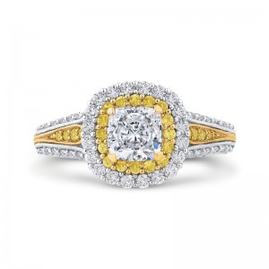 Split Shank Cushion Cut Diamond Double Halo Engagement Ring in 14K Two Tone Gold (Semi-Mount)