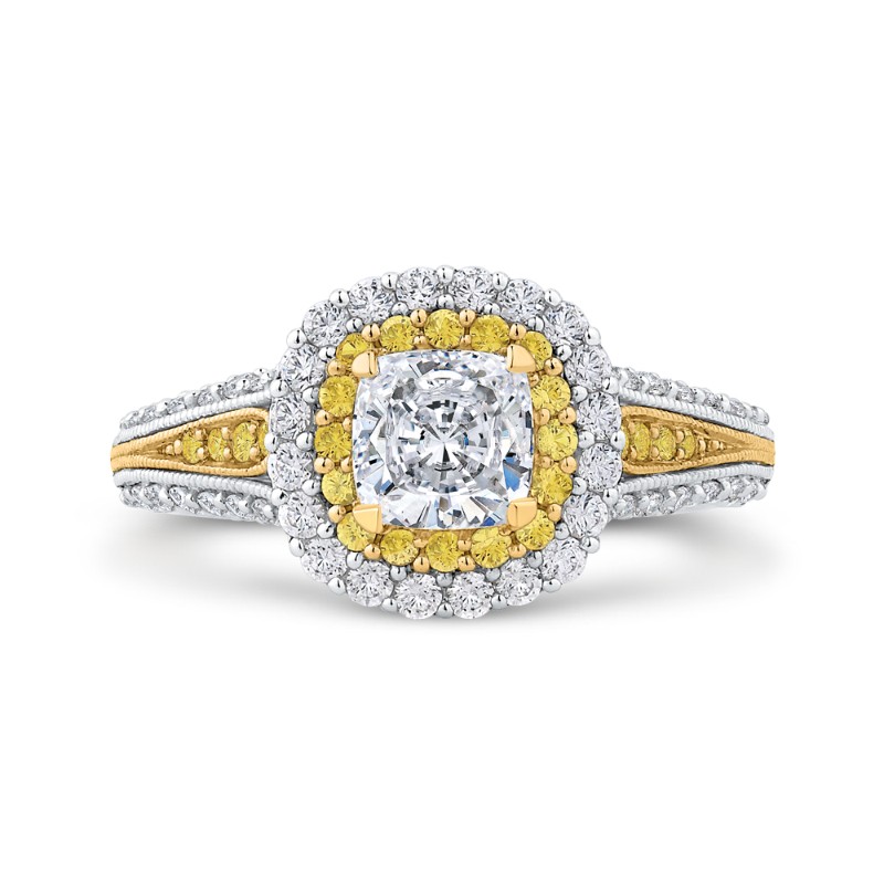 Split Shank Cushion Cut Diamond Double Halo Engagement Ring in 14K Two Tone Gold (Semi-Mount)