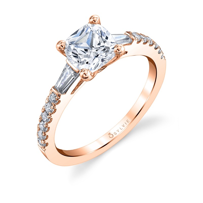 Cushion Cut Three Stone Engagement Ring with Baguettes - Leigh Ann