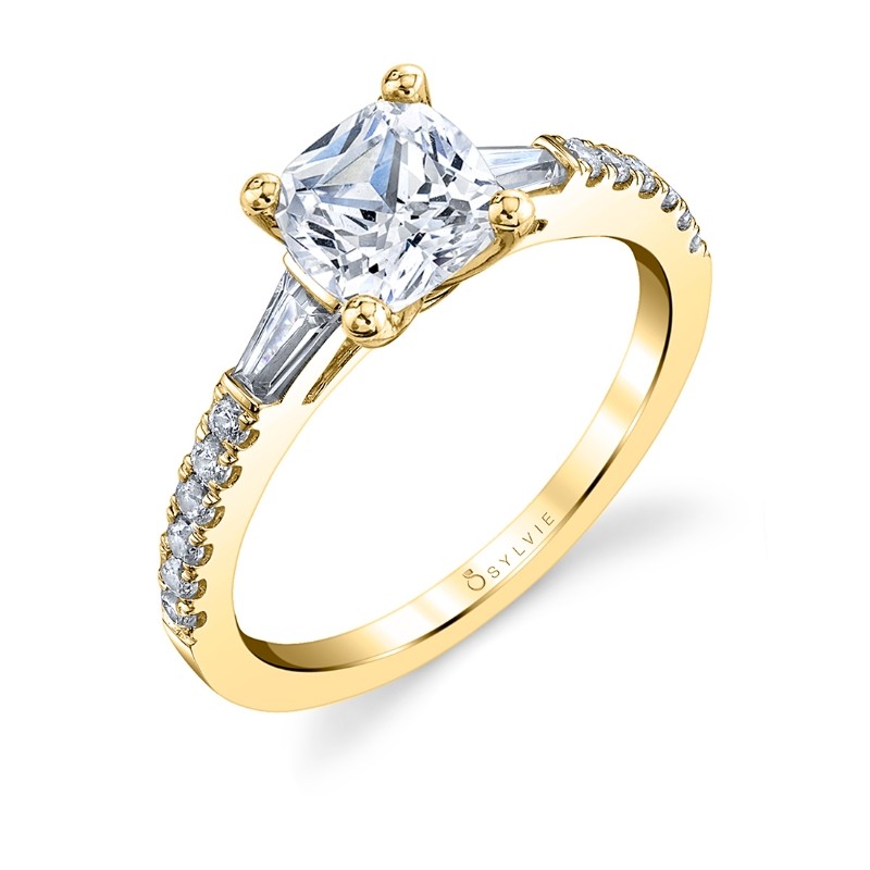 Cushion Cut Three Stone Engagement Ring with Baguettes - Leigh Ann