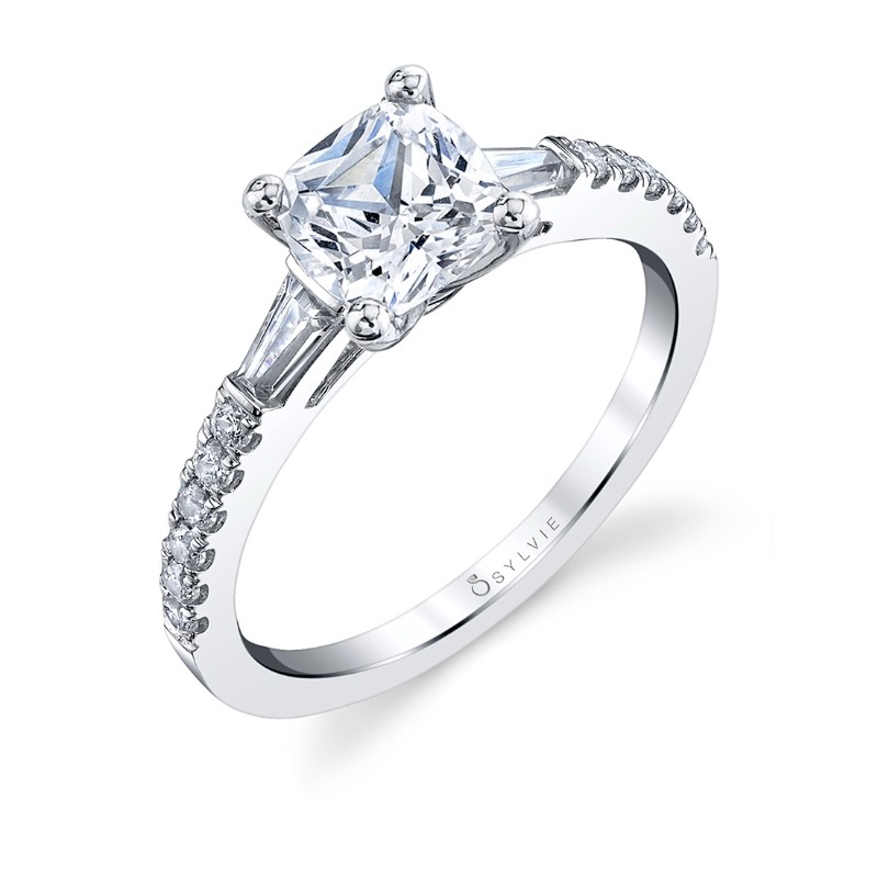 Cushion Cut Three Stone Engagement Ring with Baguettes - Leigh Ann