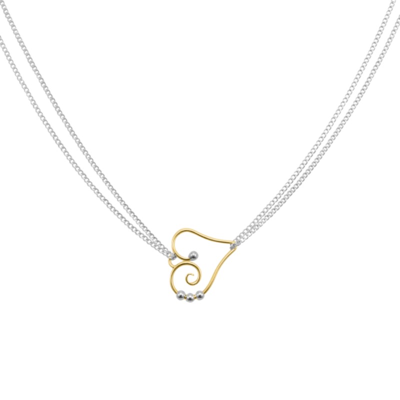 SARATOGA JEWELS 18 INCH STERLING SILVER/YELLOW GOLD FILLED HEART DOUBLE CHAIN NECKLACE - DEW DROP COLLECTION