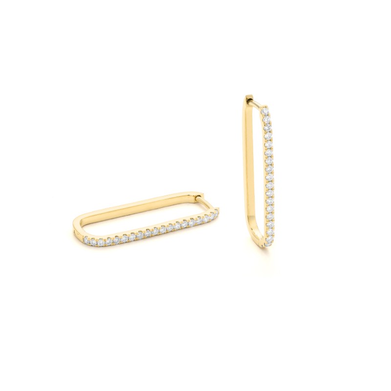14K YELLOW GOLD RECTANGLE SHAPE HOOP EARRINGS SET WITH .35CTTW ROUND SI CLARITY & H COLOR DIAMONDS