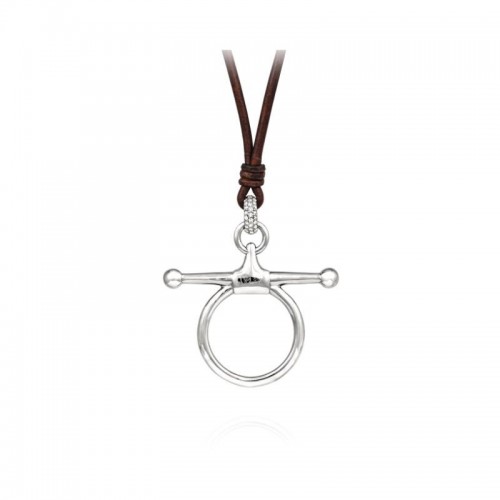 VINCENT PEACH STERLING SILVER FULL CHEEK BIT NECKLACE ON BROWN LEATHER