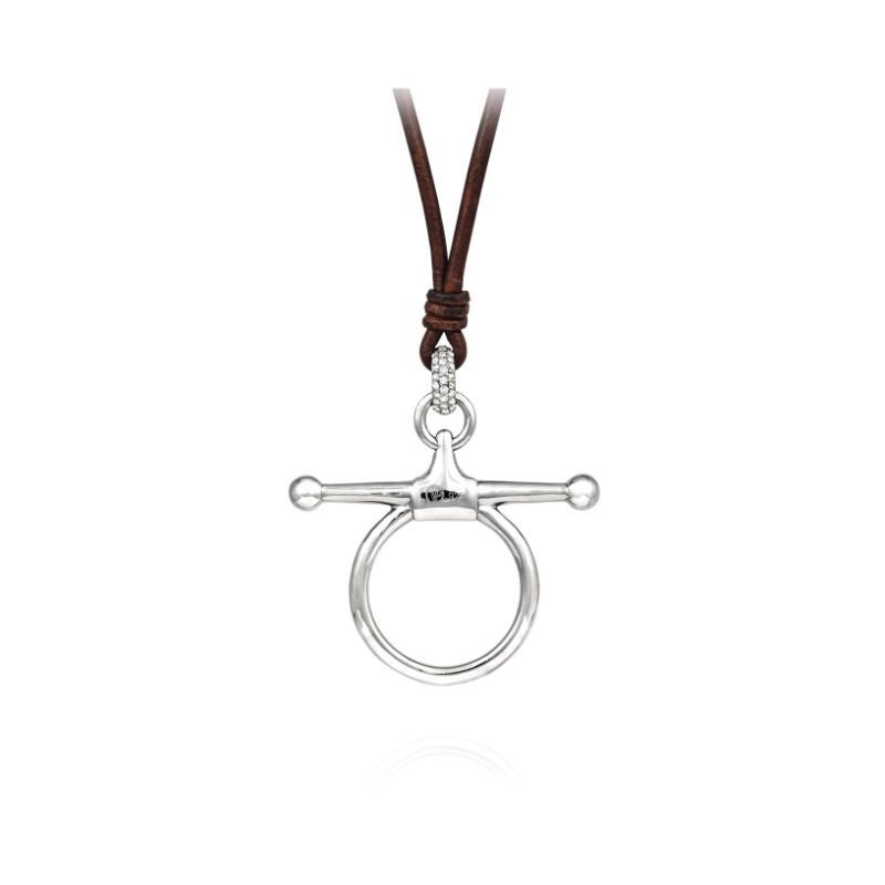 VINCENT PEACH STERLING SILVER FULL CHEEK BIT NECKLACE ON BROWN LEATHER