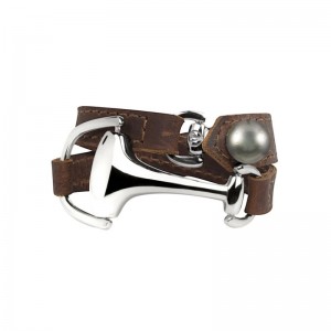 VINCENT PEACH MONTANA BRACELET PREMIUM BROWN LEATHER STERLING SILVER SNAFFLE BIT AND TAHITIAN PEARL