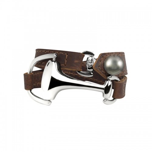VINCENT PEACH MONTANA BRACELET PREMIUM BROWN LEATHER STERLING SILVER SNAFFLE BIT AND TAHITIAN PEARL