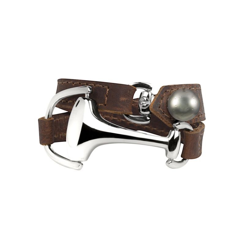 VINCENT PEACH MONTANA BRACELET PREMIUM BROWN LEATHER STERLING SILVER SNAFFLE BIT AND TAHITIAN PEARL