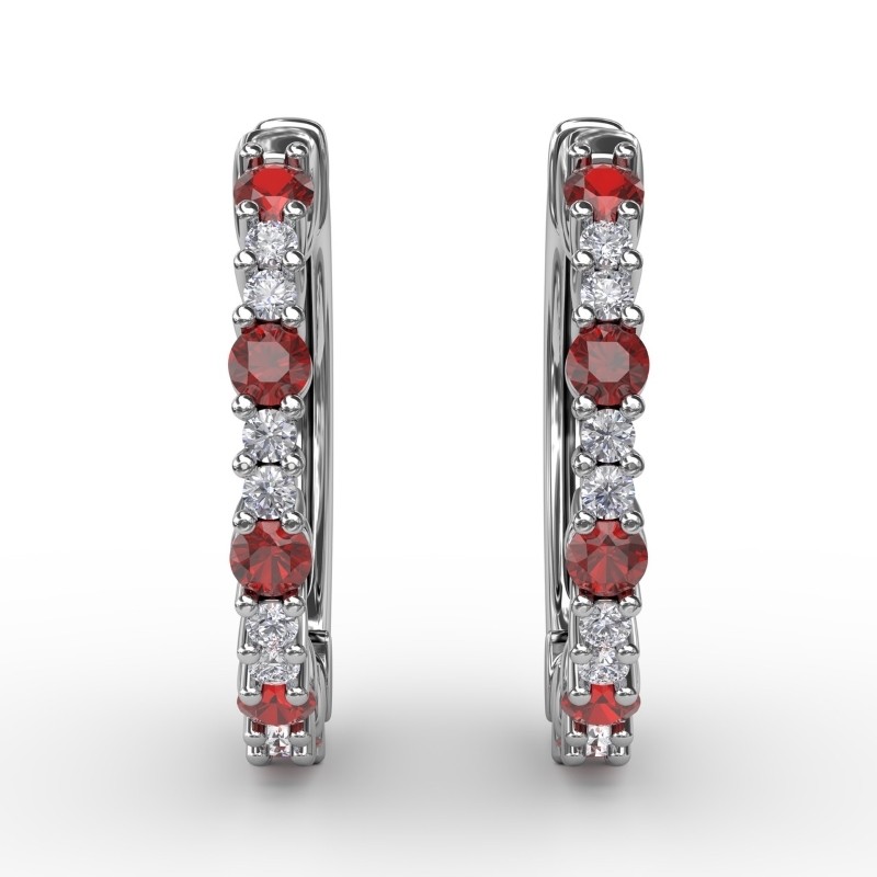 14K WHITE GOLD HOOP EARRINGS WITH .11CTTW SOUND SI CLARITY & GH COLOR DIAMONDS ALTERNATING WITH .30CTTW ROUND RUBIES