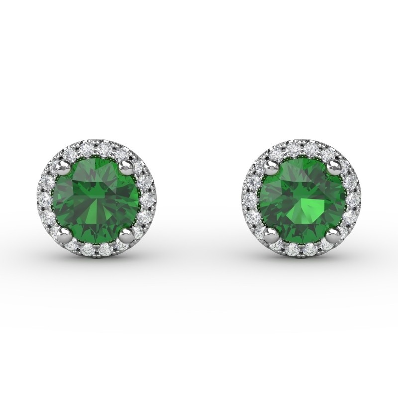 14K WHITE GOLD POST WARRINGS WITH .84CTTW ROUND EMERALDS WITH .14CTTW ROUND SI CLARITY & GH COLOR DIAMONDS SET IN THE HALOS