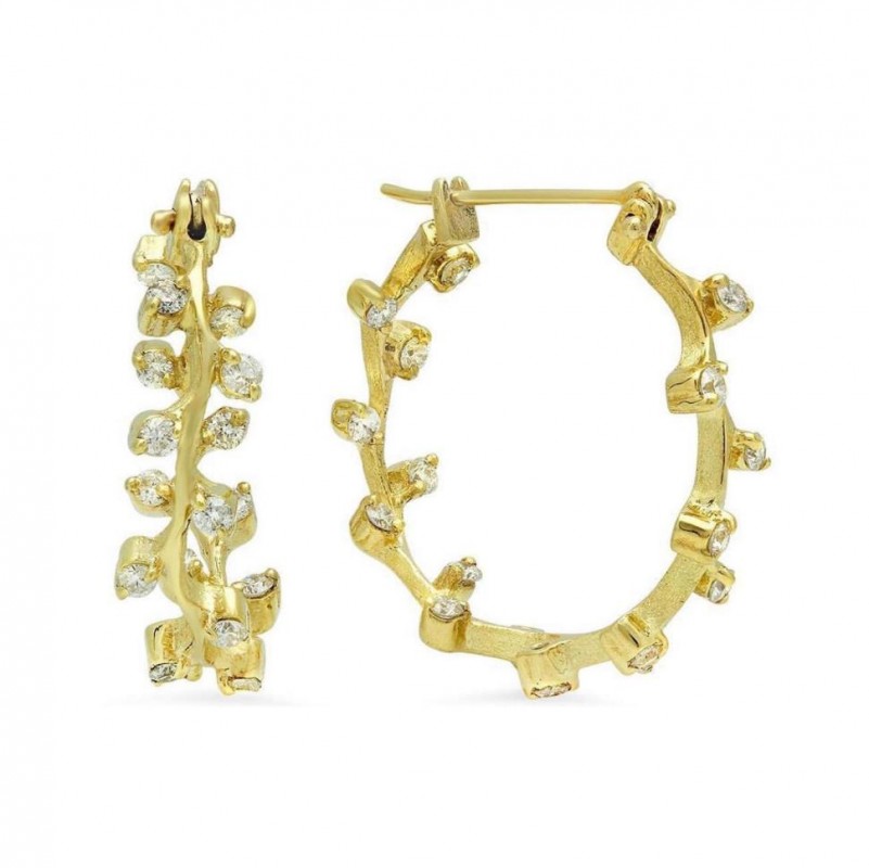 14kt Yellow Gold Florentine Textured Branch Diamond Hoops