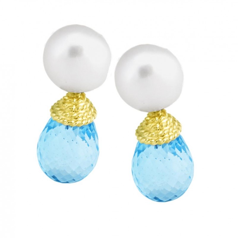 14kt Yellow Gold Twisted Rope Pearl & Blue Topaz Briolette Drop Earrings