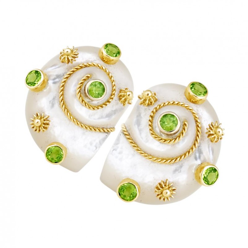 14kt Yellow Gold Mother of Pearl Shell & Peridot Twisted Gold Rope Earrings