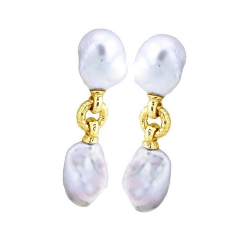 14kt Yellow Gold Double Baroque Pearl Drop Earrings