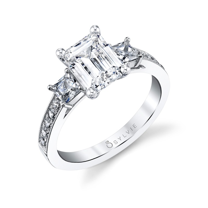 Emerald Cut Three Stone Engagement Ring With Princess Side Stones - Eva