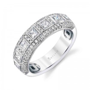 14K WHITE GOLD 1.17CTW SI/GH PRINCESS CUT (SIX) AND ROUND BRILLIANT  DIAMOND BAND SIZE 5.5