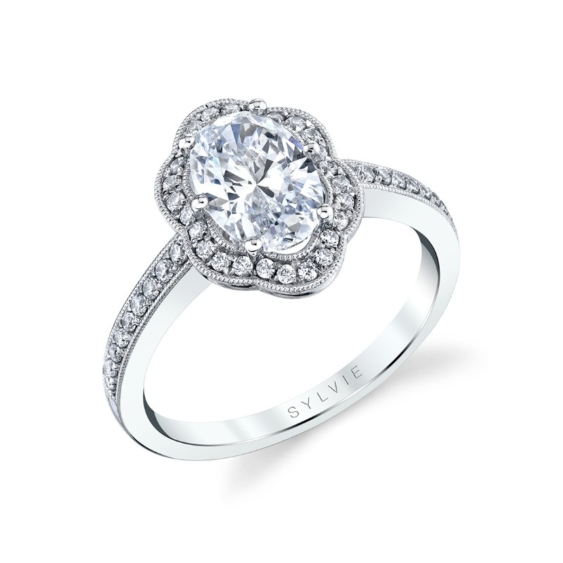 Oval Cut Flower Halo Engagement Ring - Lilian