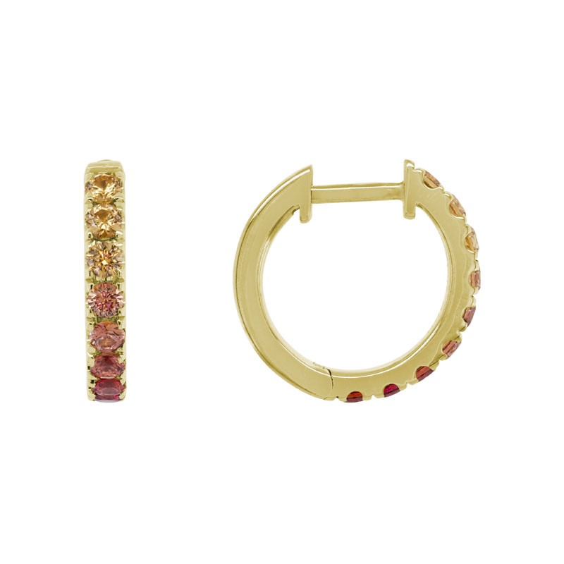 14K YELLOW GOLD 13MM HUGGIE EARRINGS WITH .51CTTW ROUND YELLOW, ORANGE AND RED SAPPHIRES