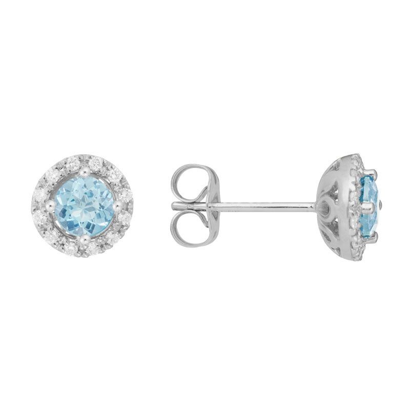 1/2 PAIR 14K WHITE GOLD ROUND AQUAMARINE STUD WITH WITH ..07CTTW ROUND SI CLARITY & GH COLOR DIAMONDS