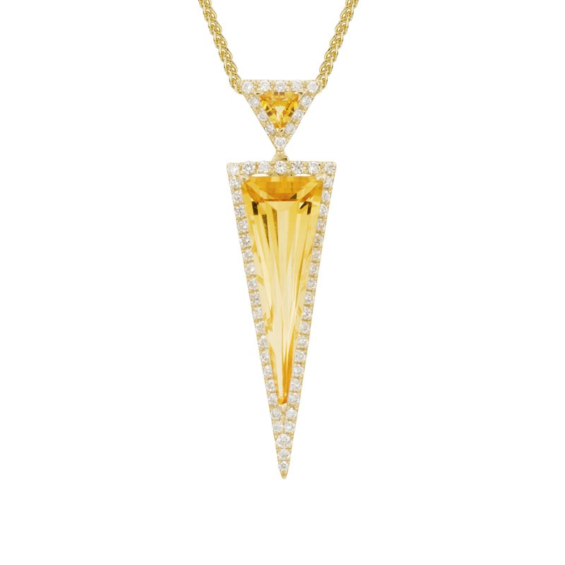 14K YELLOW GOLD DOUBE TRIANGLE PENDANT WITH 2.38CTTW CITRINES AND .30CTTW ROUND SI CLARITY & GH COLOR DIAMONDS SET IN THE HALO AND BAIL ON AN 18