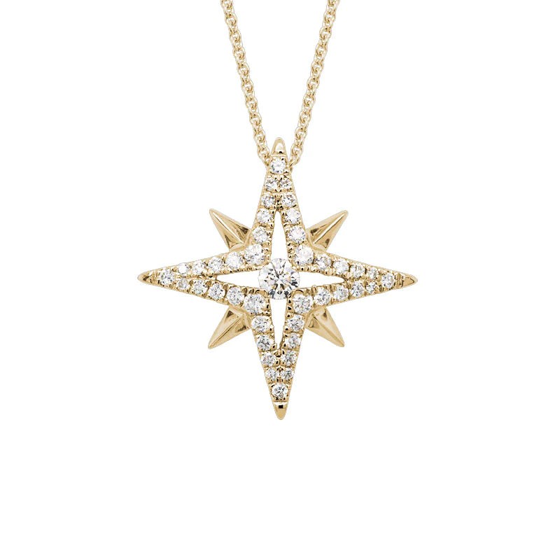 14K YELLOW GOLD NORTH STAR PENDANT WITH .35CTTW ROUND SI CLARITY & GH COLOR DIAMONDS ON A 16-18
