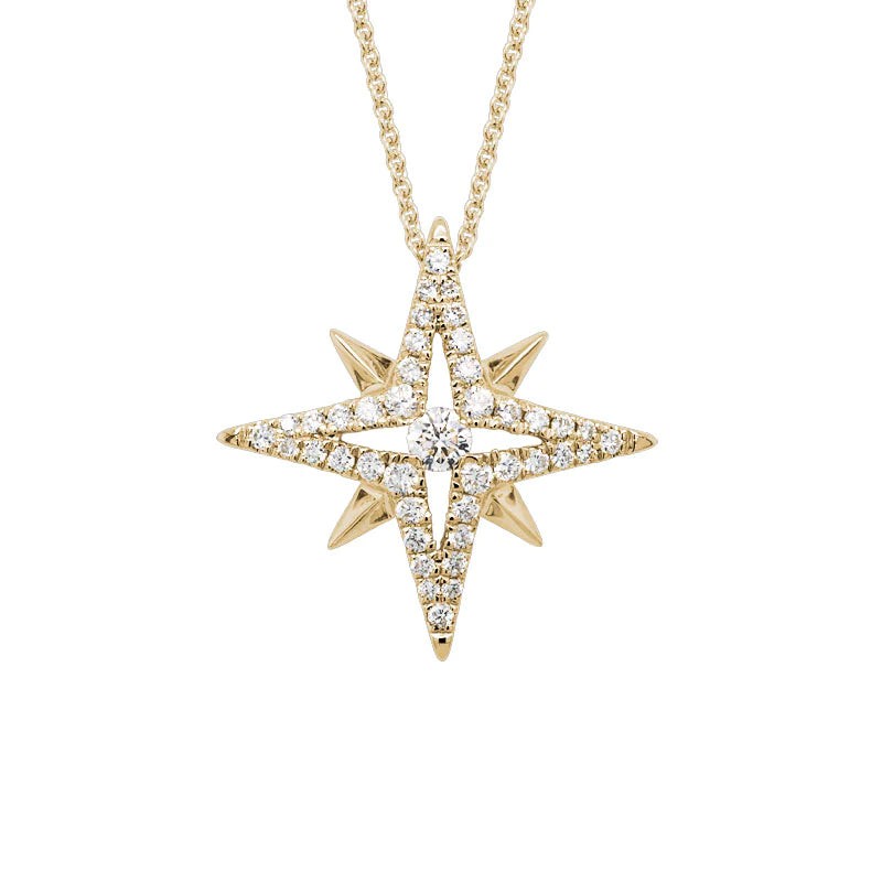 14K YELLOW GOLD NORTH STAR PENDANT WITH .35CTTW ROUND SI CLARITY & GH COLOR DIAMONDS ON A 16-18